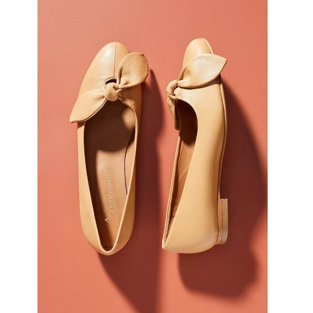 Anthropologie Women's Camelia Bow Flats Nude Leather Ballet Flats Size 8.5